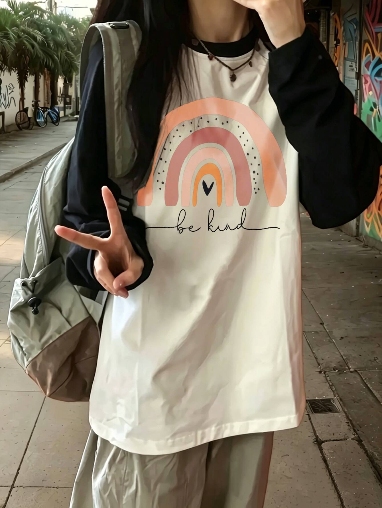하라주쿠 빈티지 캐주얼 레인보우 프린트 긴 소매 여성용 - Tee Graphic Print 리뷰 및 가격